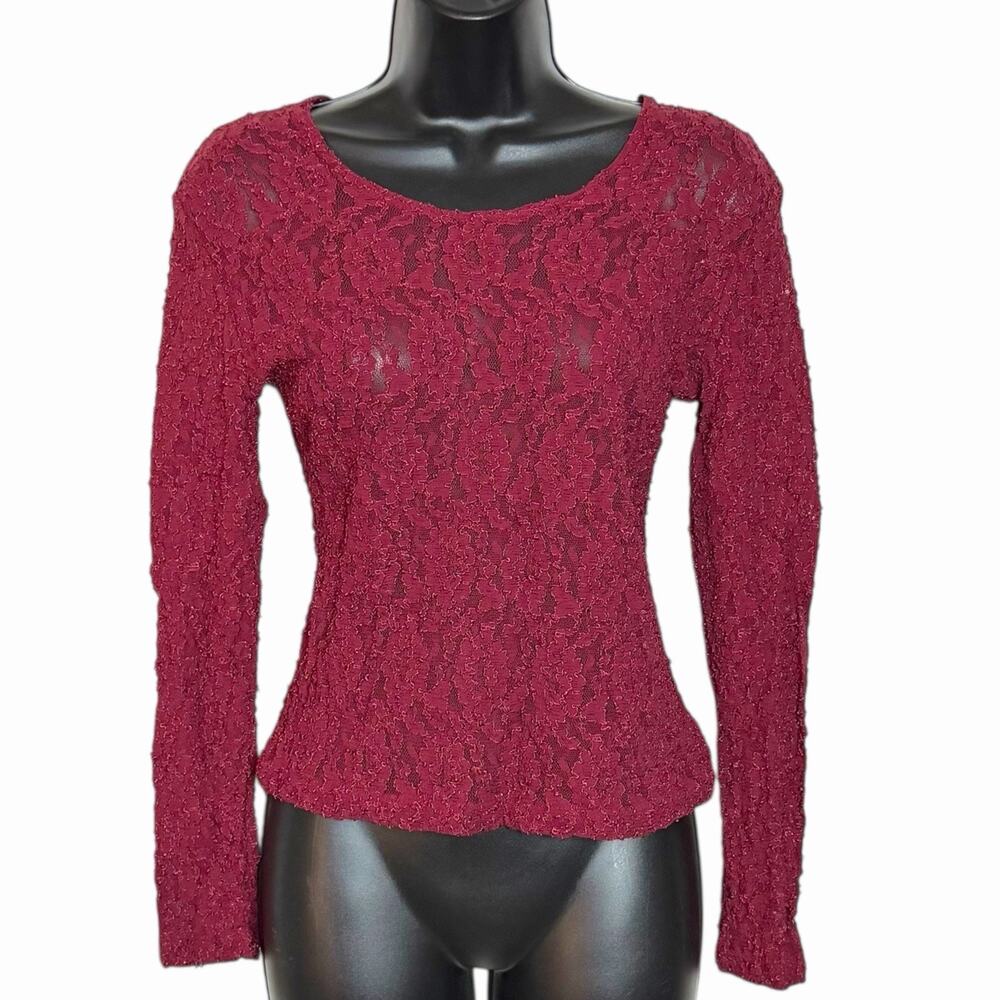 VTG TOPAZ 1990s DARK RED STRETCH LACE BLOUSE TOP WITCHY BOHO WHIMSIGOTH GRUNGE S